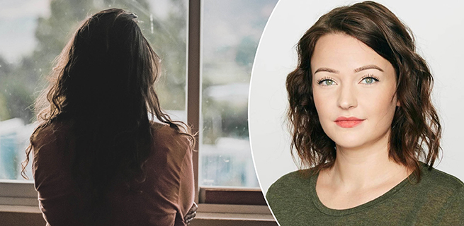 En kvinna står och tittar ut från ett fönster, och en bild på Julia Engström.
